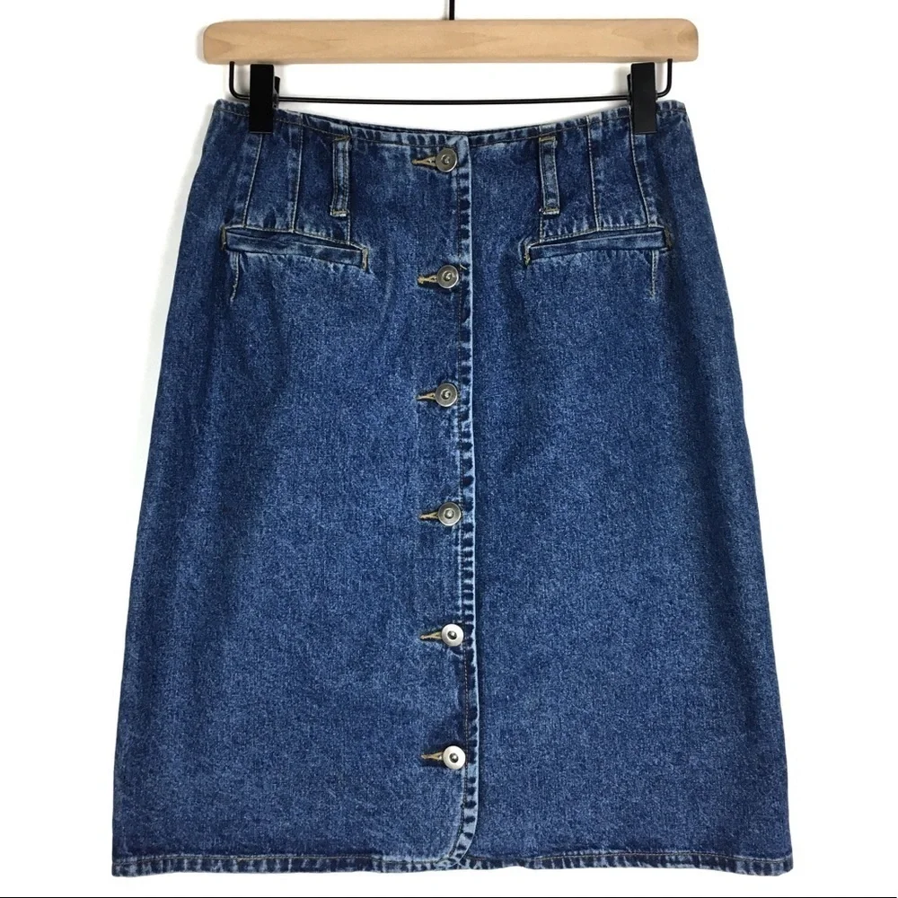 VINTAGE Jean Skirt 90s Y2K Denim Button Front Retro Modest Minimalist Size 9/10